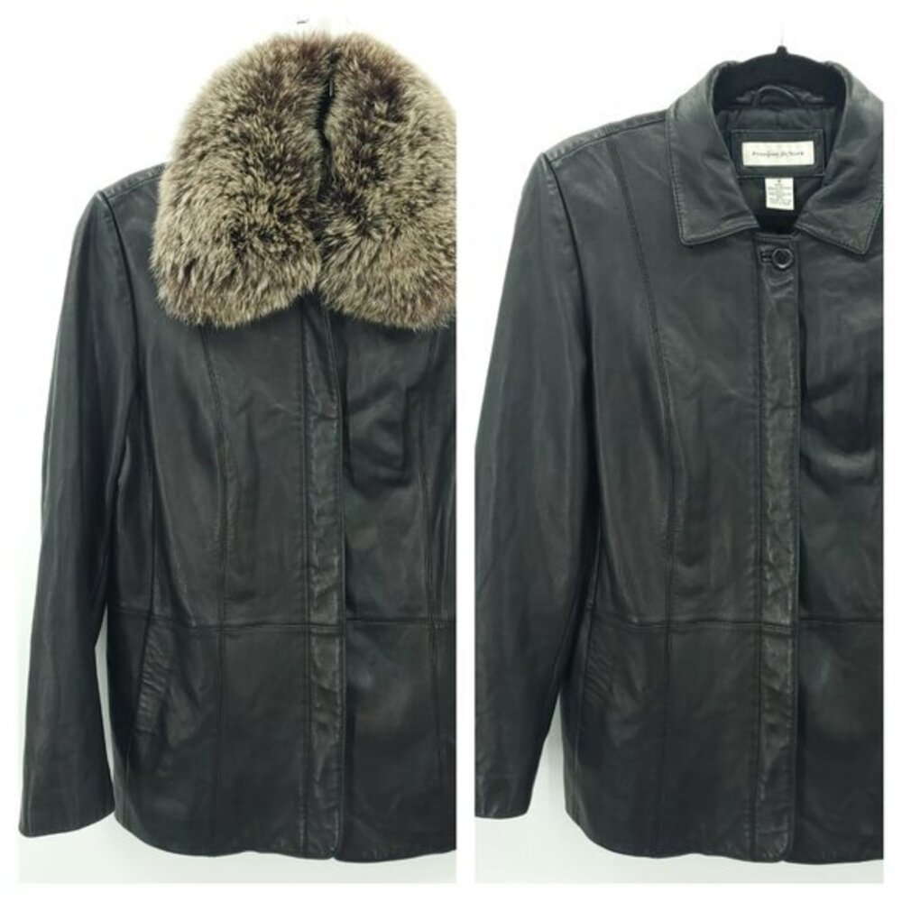 Preston & York Lambskin Leather Minimalist Jacket w/Removable Fox Collar M Black